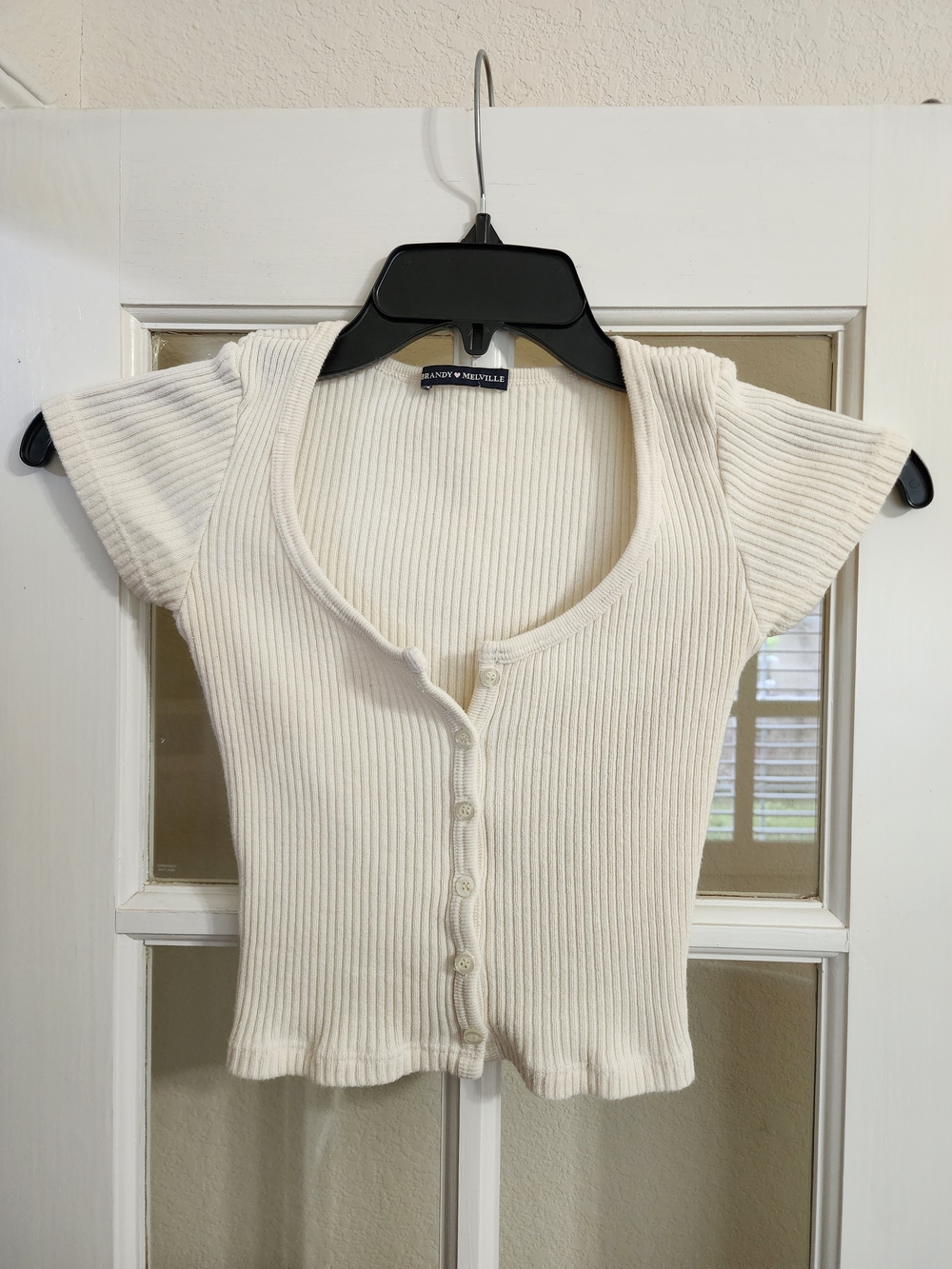 Brandy Melville Ribbed Button Front Baby Tee Cream Ivory One Size